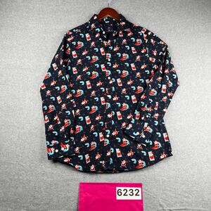 Simon Banks Christmas Print Shirt Santa Navy Button Up Long Sleeve Mens Small